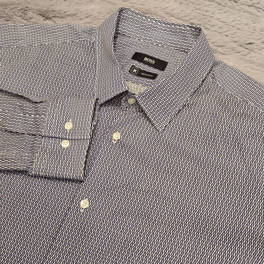 Hugo Boss Mens Regular Fit Shirt Blue White Geometric Italian Fabric 16.5 42 L